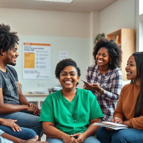 Grupo diverso de jovens e cuidadores participando de uma sessão educativa sobre sintomas de HIV na boca.