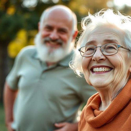 Adultos e idosos com postura saudável e sorriso confiante, representando qualidade de vida sem cifose.