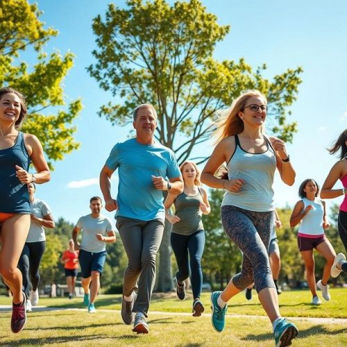 Adultos em diversas atividades físicas demonstrando saúde e vitalidade no condicionamento físico.
