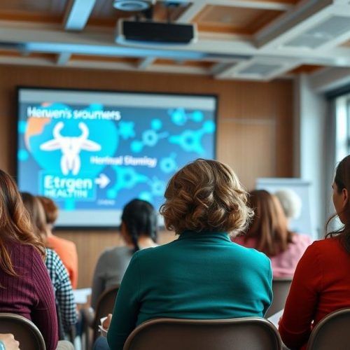 Grupo de mulheres em idade reprodutiva aprendendo sobre o estrogênio e sua importância para a saúde feminina.