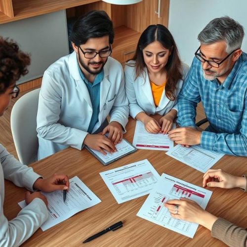 Grupo de pessoas preocupadas com a saúde analisando resultados de exames com foco na proteína C reativa.