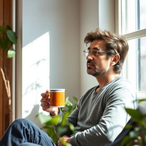 Pessoa refletindo e atenta aos sinais do próprio corpo, ilustrando a importância do autoconhecimento da saúde.