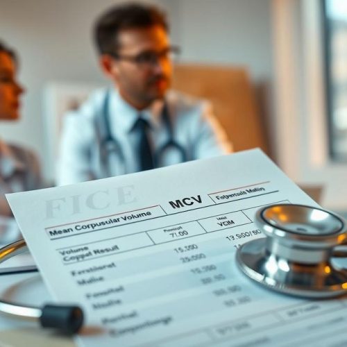 Exame de sangue destacando o Volume Corpuscular Médio com foco na relação entre pacientes e profissionais da saúde.