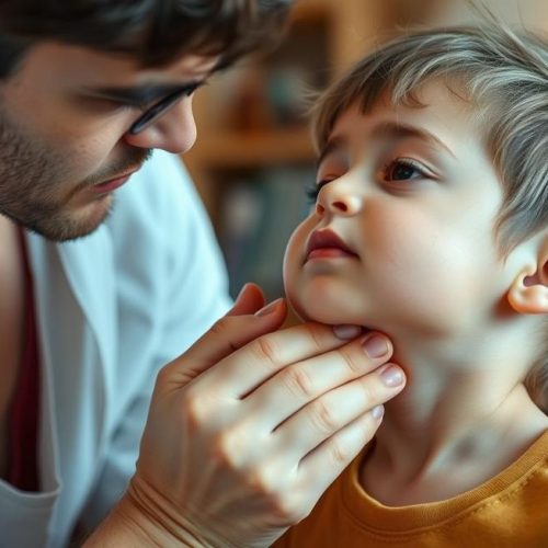 Adulto observando verruga filiforme no pescoço de criança preocupado com a saúde da pele.