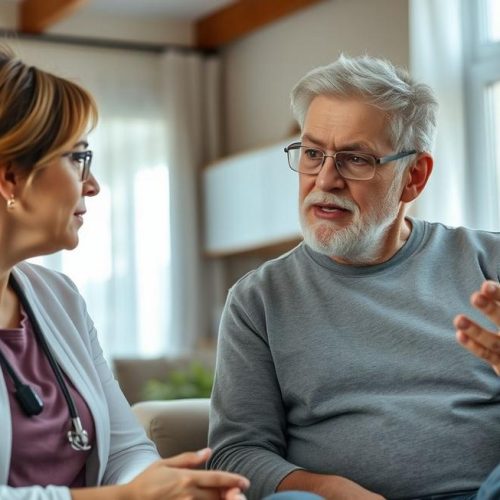 Adulto e cuidador discutindo sintomas da infecção renal, ressaltando empatia e atenção na saúde.