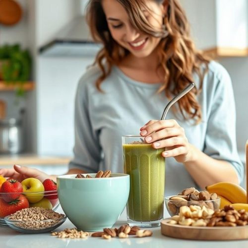 Mulher preparando café da manhã saudável com linhaça e alimentos naturais.
