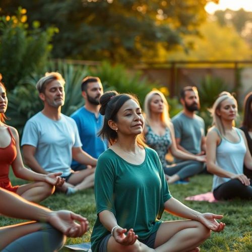 Grupo diverso praticando meditação ao amanhecer, simbolizando a conexão da meditação com o bem-estar mental.