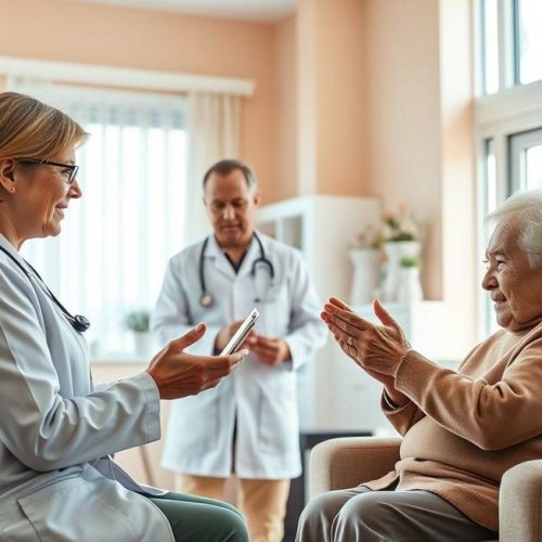 Profissional de saúde explicando o uso da Milrinona para paciente com insuficiência cardíaca e familiares.