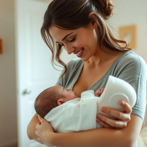 Mãe segurando seu bebê com carinho, mostrando serenidade e conforto durante a amamentação com ajuda da concha.