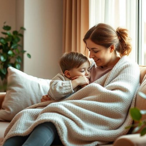 Mãe confortando filho com tosse oferecendo apoio e cuidado.