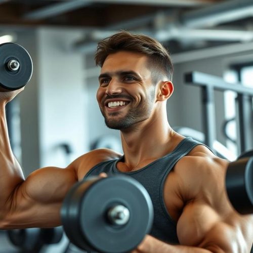 Adulto iniciando musculação com determinação e energia positiva na academia.