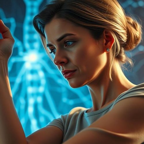 Imagem realista que mostra uma mulher sentindo um espasmo muscular, simbolizando a experiência da mioclonia.