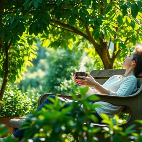 Pessoa relaxando ao ar livre com chá de plantas medicinais, representando calma e alívio natural.