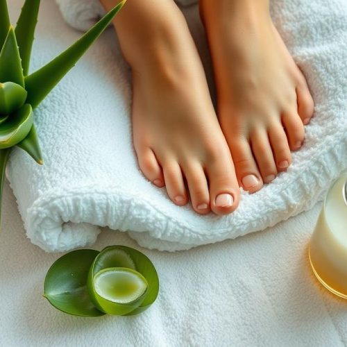 Imagem mostrando pés hidratados e cuidados naturalmente, refletindo alívio das rachaduras.