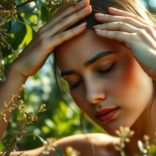 Pessoa sentindo alívio natural da dor de cabeça em ambiente calmo e acolhedor.