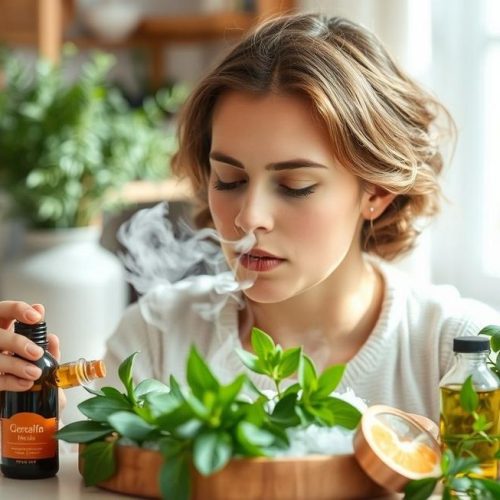Pessoa fazendo inalação com óleos naturais para aliviar a sinusite em casa.
