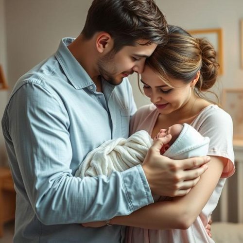 Pais demonstrando carinho e proteção ao beijo no bebê recém-nascido.