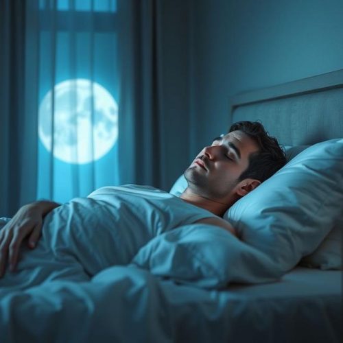 Adulto repousando tranquilamente no quarto, representando a superação da paralisia do sono.