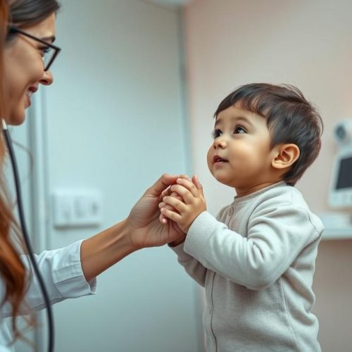 Pai cuidando da saúde da criança em consulta médica para monitoramento da pressão arterial.