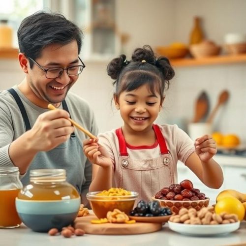Pais e filhos preparando juntos lanches saudáveis com substitutos naturais do açúcar.