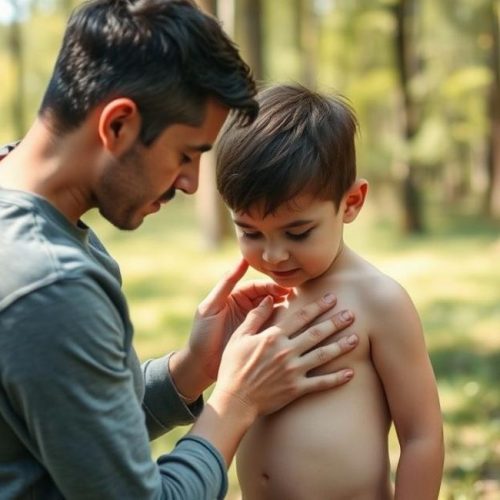 Pais atentos à pele da criança, buscando sinais e carrapatos em ambiente ao ar livre.