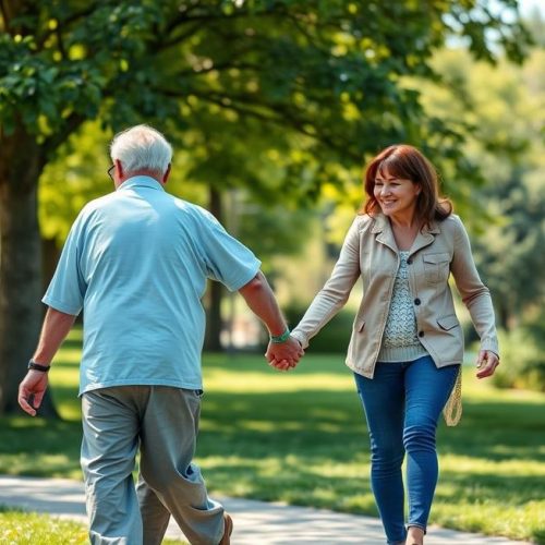 Paciente com Parkinson e familiares caminhando juntos em parque, simbolizando esperança e apoio.