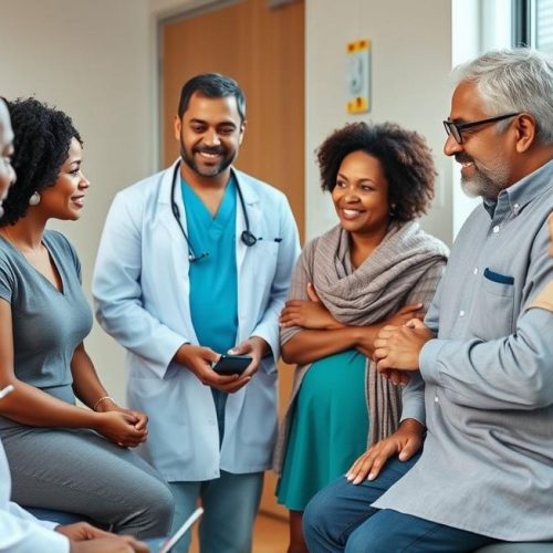 Pacientes e familiares em diálogo informativo com médico sobre pielonefrite e cuidados renais.