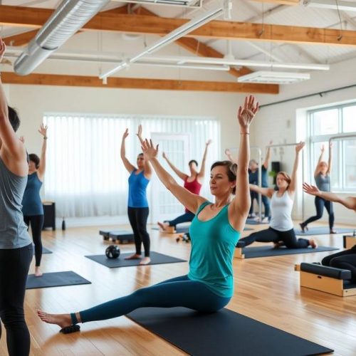 Grupo de adultos praticando Pilates em estúdio moderno, enfatizando saúde física e mental.