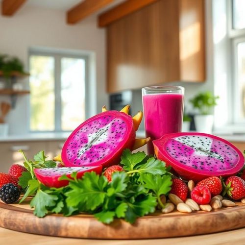 Mesa com pitaya fresca e alimentos saudáveis que exemplificam uma dieta nutritiva e equilibrada.