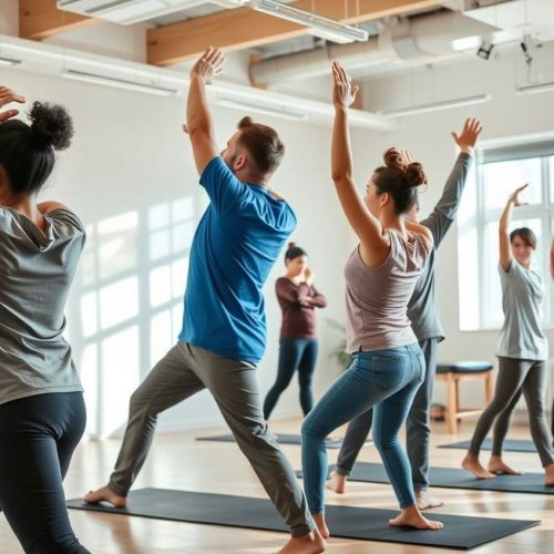 Grupo diverso realizando exercícios de postura para tratar a hipercifose em clínica de reabilitação.