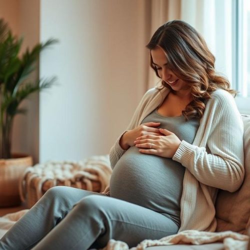 Gestante em momento de entendimento e calma sobre as contrações de treinamento na gravidez.