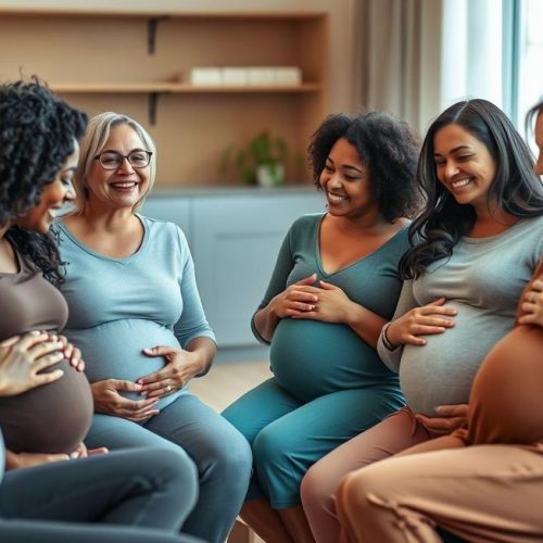 Grupo de gestantes compartilhando apoio e informação sobre cólicas na gravidez.