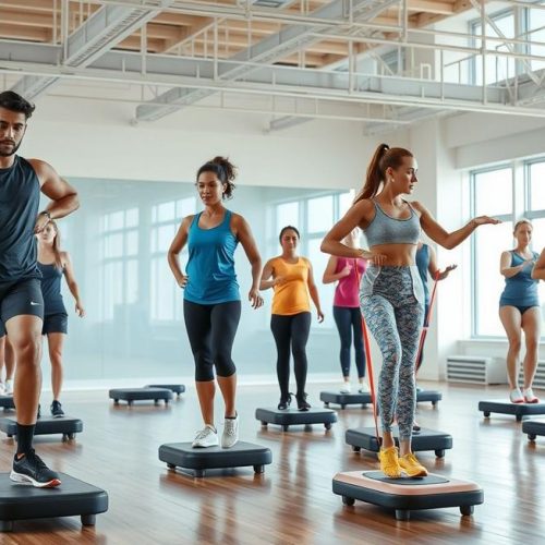 Grupo diversificado em treino proprioceptivo, destacando colaboração entre atletas e profissionais da saúde.