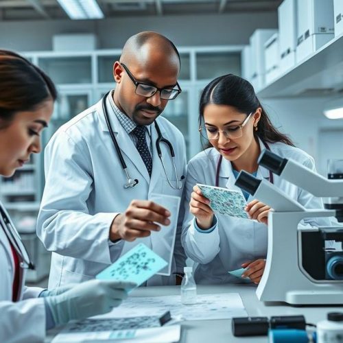 Profissionais de saúde analisando protozoários em laboratório moderno focados na saúde pública.