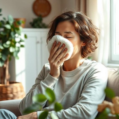 Imagem realista mostrando uma pessoa confortável aliviando a sinusite com métodos naturais em ambiente acolhedor.