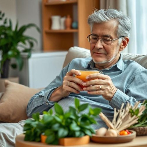 Pessoa aliviada sentada com chá na mão, representando o conforto dos remédios caseiros para azia.