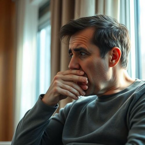 Pessoa apresentando sintomas respiratórios e buscando informações sobre pneumonia.