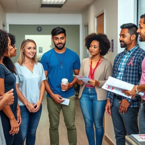 Adultos e jovens informados discutindo saúde sexual e prevenção do HIV em ambiente de saúde moderno.