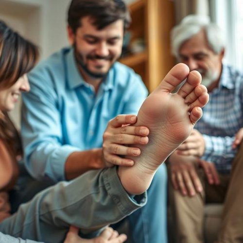 Pessoa com olho de peixe recebendo apoio da família para o cuidado dos pés.