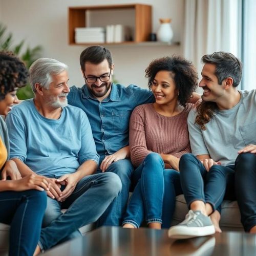 Jovens adultos e familiares em momento de apoio e compreensão durante crises de ansiedade.