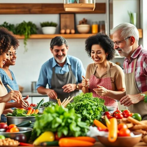 Pessoas de várias idades prepararando alimentos frescos e sustentáveis em ambiente alegre e cooperativo.