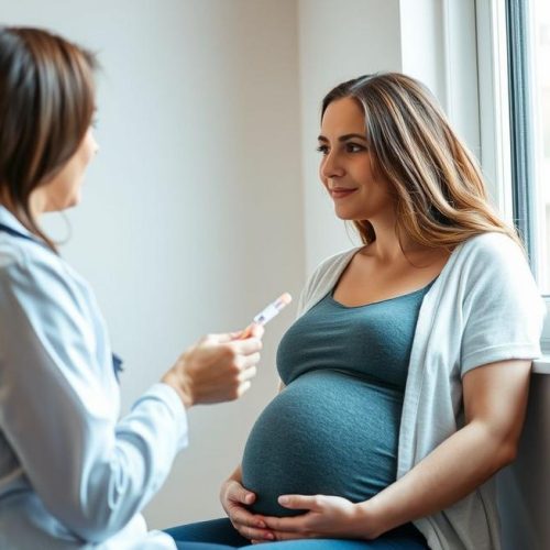 Gestante recebendo orientação sobre resultado de glicose plasmática alta e cuidados necessários.