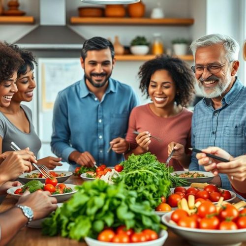 Adultos saudáveis aproveitando uma refeição rica em tomates e vegetais frescos com foco na saúde preventiva.
