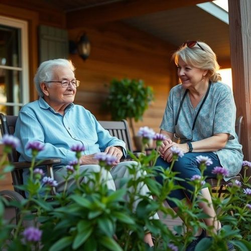 Pessoas em ambiente natural com plantas de valeriana, símbolo do cuidado natural contra ansiedade e insônia.