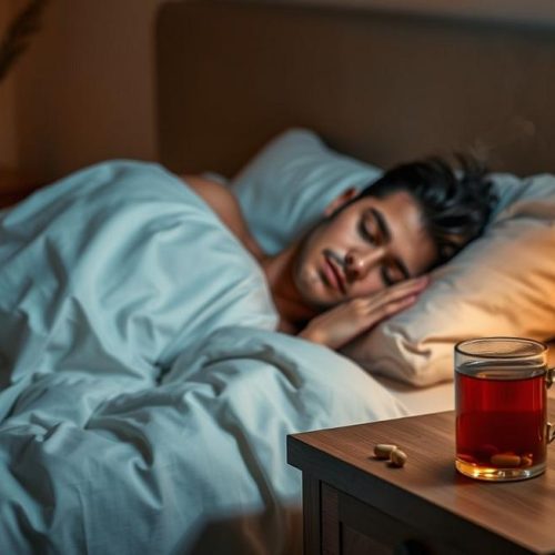 Adulto descansando tranquilamente ao lado de um suporte com cápsulas de valeriana e chá, simbolizando alívio natural para o sono e ansiedade.