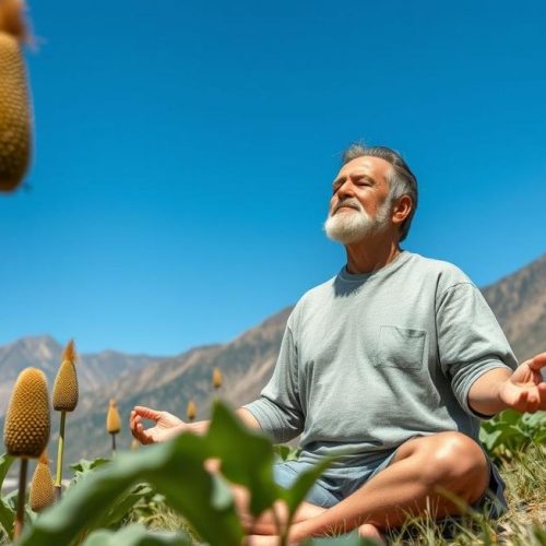 Adulto em busca de bem-estar em um cenário natural dos Andes, região de origem da maca peruana.